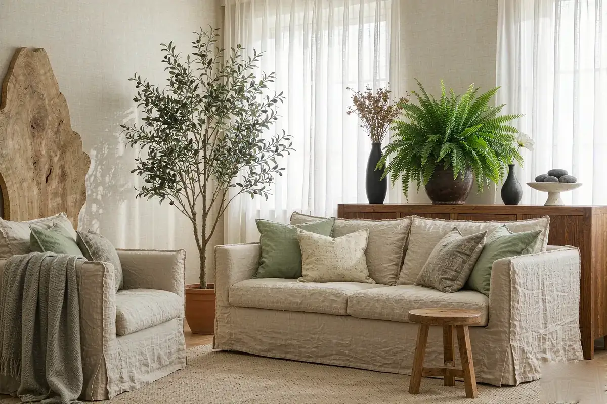 Bright living room with a tall faux olive tree and potted greenery beside a linen sofa